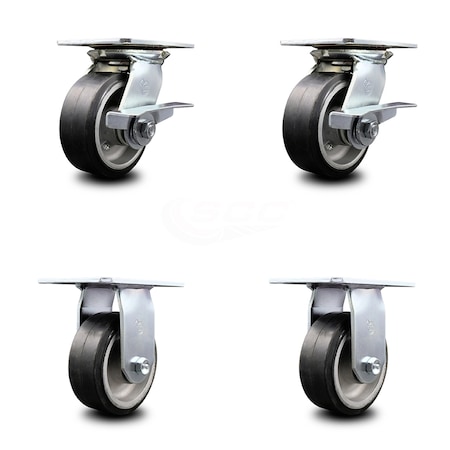 Service Caster 5 Inch Rubber on Aluminum Caster Set with Ball Bearing 2 Brakes and 2 Rigid SCC SCC-35S520-RAB-SLB-2-R-2